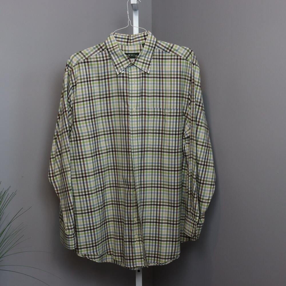 Orvis Men’s Plaid‎ Button Down Shirt Large Green Brown Blue Cotton Classic Fit